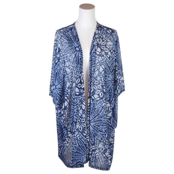 Joie de Vivre 1X Navy Blue Floral Print Kimono Cardigan Open Front Sheer - Picture 1 of 6